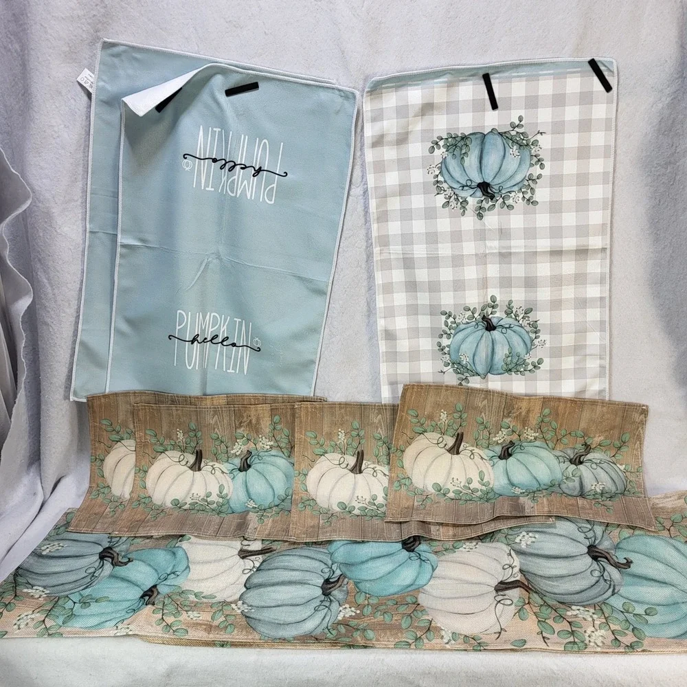 Pumpkin Kitchen Placemats Towel Set Table Runner Blue White Farmhouse Fall Decor